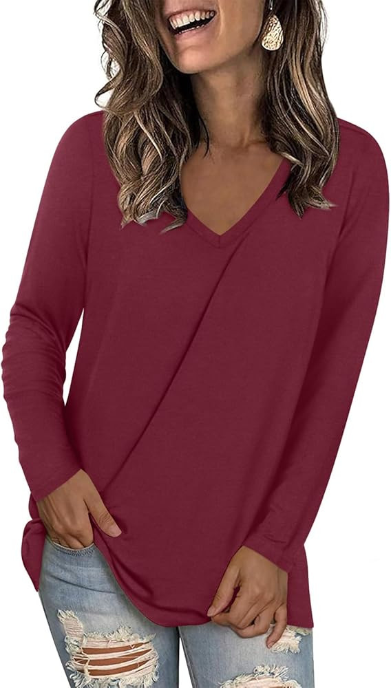 LONGYUAN Long Sleeve Tunic Tops for Women Casual Vneck Shirts Fall Winter 2024 Trendy Blouses | Amazon (US)