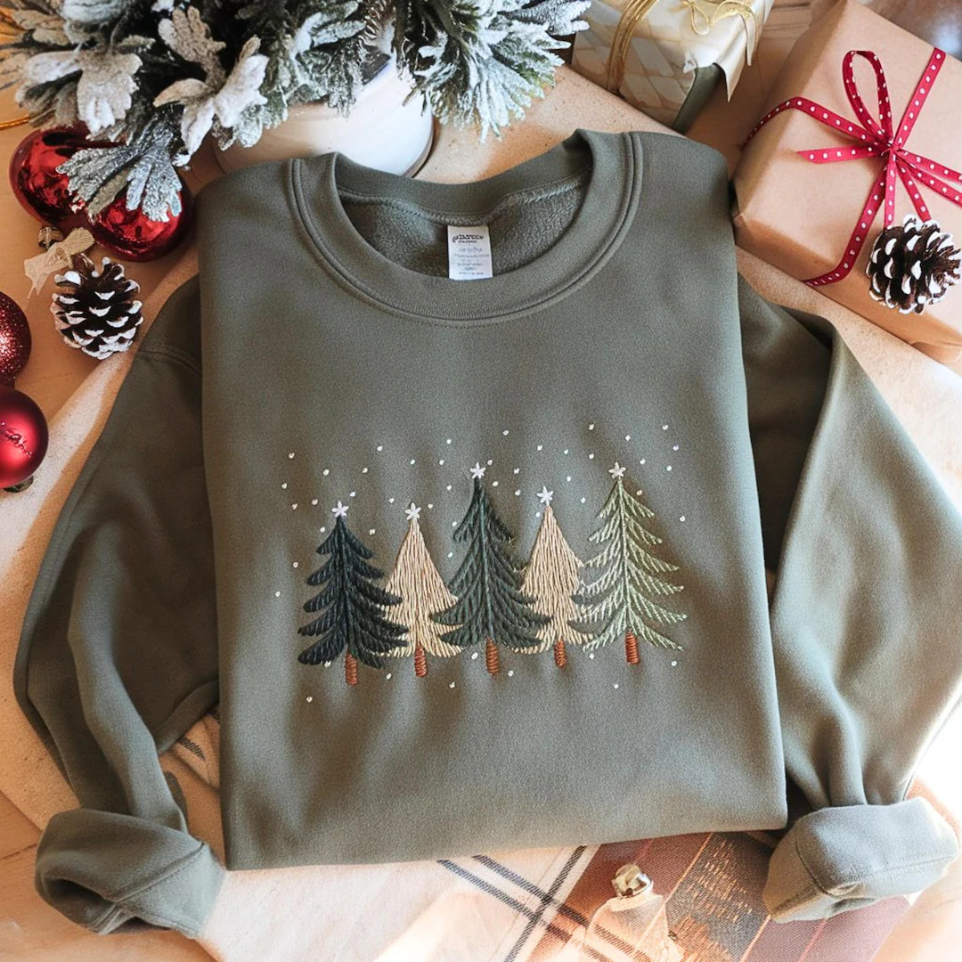 Christmas Tree Embroidered Sweatshirt, Winter Trees Embroidery Shirt, Xmas Season Gifts - Etsy | Etsy (US)