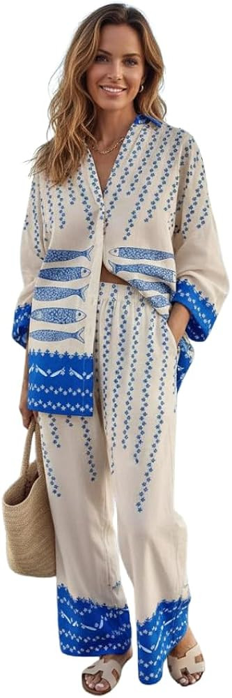 Women's Beach Vacation 2 Piece Outfits Long Sleeve Button Shirt Elastic Waist Wide Leg Pants Casu... | Amazon (US)