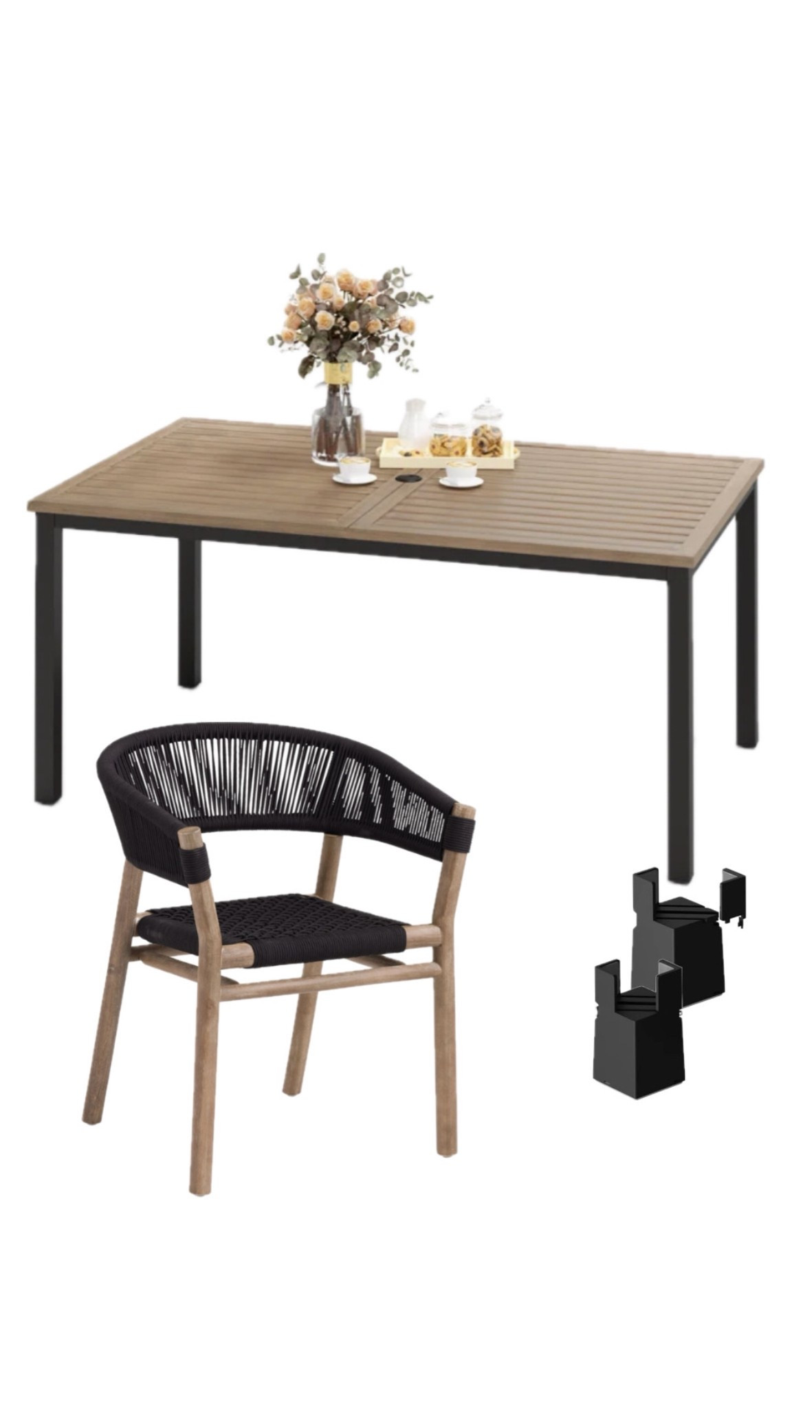 I purchased 6 outdoor chairs (3 - 2 packs) from world market and wanted to save on an outdoor table. I went with this one from Wayfair and it will work perfectly. The only caveat was it wasn’t quite tall enough for the chairs to slide underneath so I grabbed these 2” furniture risers from amazon! The finish of the chairs matches the table top perfectly. 

#LTKHome