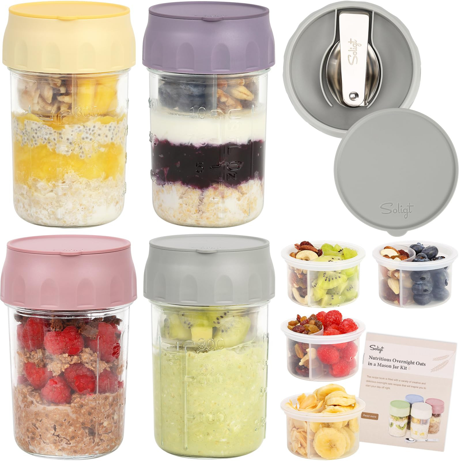SOLIGT 4 Pack Overnight Oats Containers with Lids, Folding Spoons and Divided Compartments for Fr... | Amazon (US)
