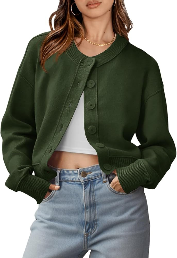 Saodimallsu Womens Button Up Cardigans Fall Trendy Crew Neck Long Sleeve Knit Cropped Sweater Jac... | Amazon (US)