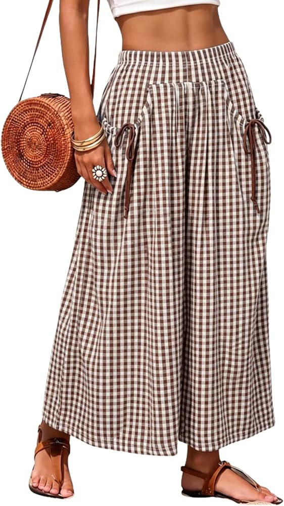 SeekMe Women's Gingham Wide Leg Pants Elastic Waist Plaid Palazzo Trousers Summer Casual with Poc... | Amazon (US)