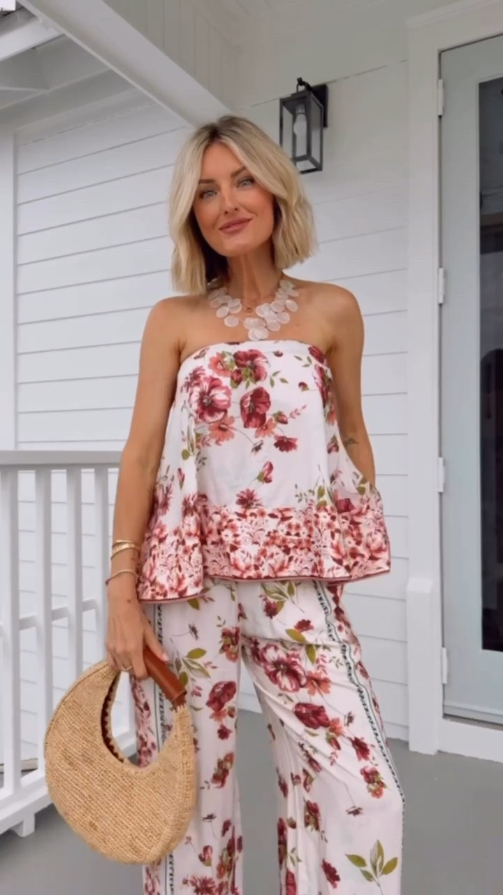 The prettiest floral strapless pants set 😍 I mean this pattern is so stunning. The color palette is so gorgeous and these pieces can be easily paired with neutral pieces you already own, and are perfect for vacation! The bow in the back is so cute! Wearing size S in the top and XS in pants

Loverly grey, Anthropologie finds, floral matching set, strapless flowy top floral, resort wear for women, vacation outfit inspo, spring capsule 2026

#LTKTravel #LTKSeasonal