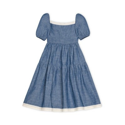 Hope & Henry Girls' Short Bubble Sleeve Crochet Trim Chambray Dress, Infant, 12-18 Months | Target