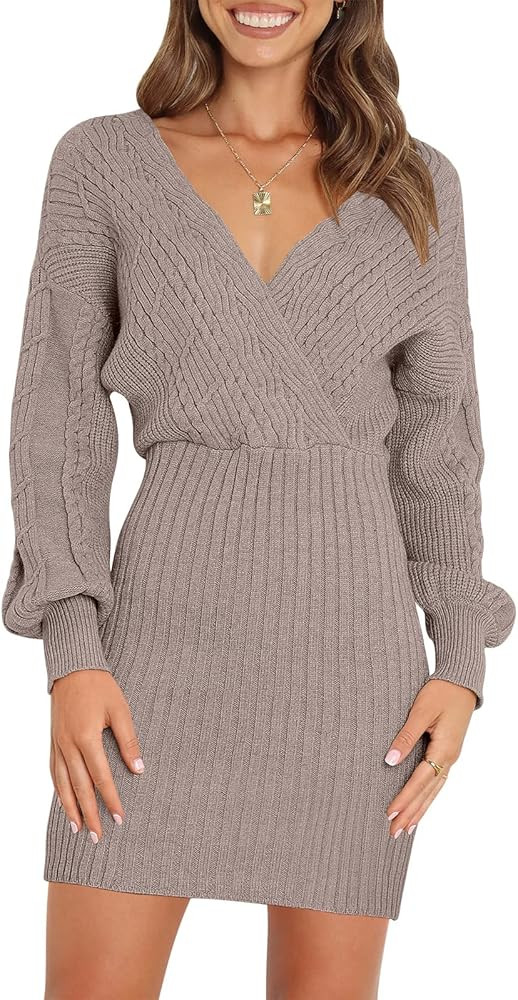 Caracilia Women's Wrap V Neck Drop Shoulder Long Lantern Sleeve Cable Knit Bodycon Mini Sweater Dres | Amazon (US)