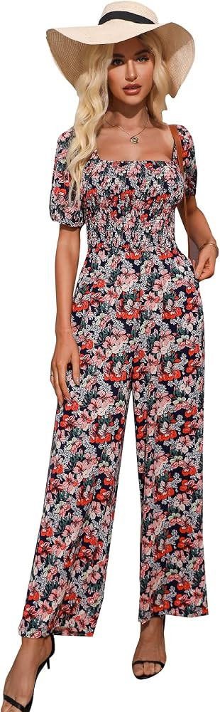 Love Welove Fashion Summer Jumpsuits for Women 2025 Floral Dressy Casual Loose Wide Leg Short Sle... | Amazon (US)