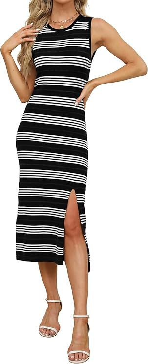 WIHOLL Womens Bodycon Summer Casual Midi Sundress Sleeveless Cute Hollow Out Knit Side Slit Strip... | Amazon (US)