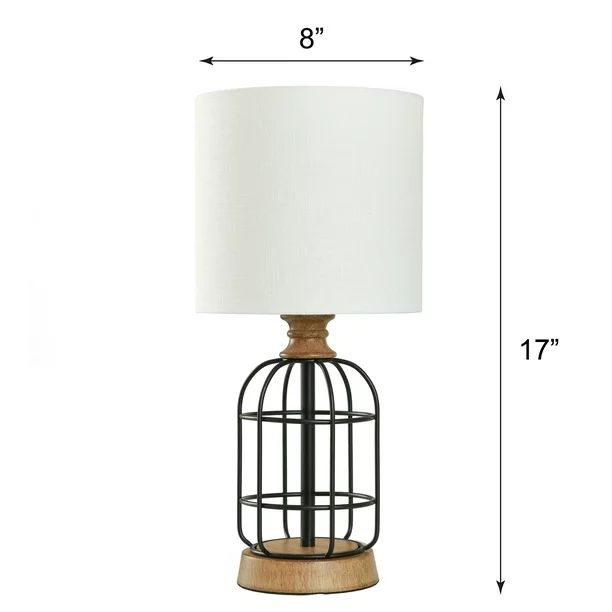 Mainstays Black Metal Cage Table Lamp with Wood Accents and Drum Shade, bulb included, 17" | Walmart (US)
