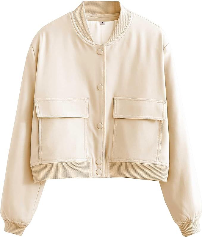 Hixiaohe Women's Cropped Bomber Jacket Casual Button Up Crop Shacket Long Sleeve Baseball Jackets... | Amazon (US)