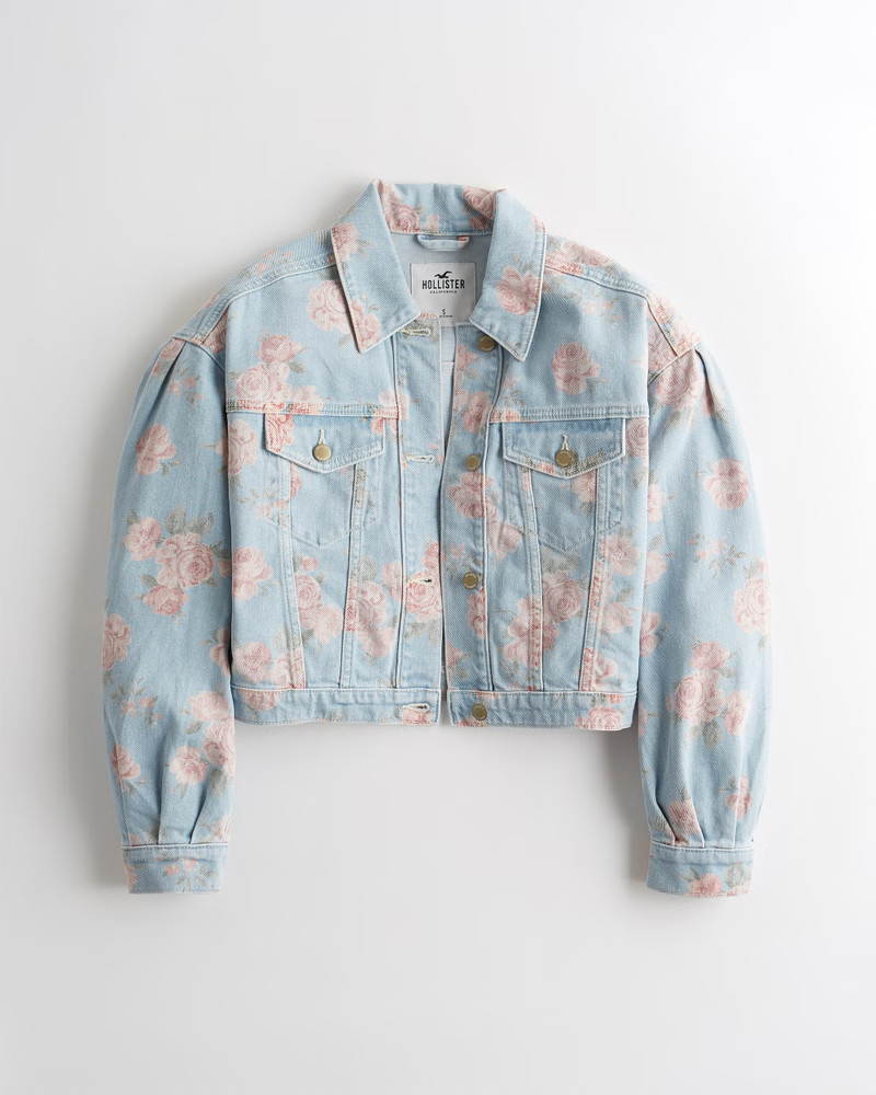 Floral Balloon-Sleeve Crop Denim Jacket | Hollister (US)