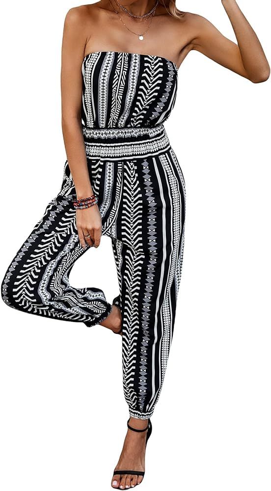 OYOANGLE Women's Boho Geo Print Sleeveless Strapless Long Pants Romper Tube Jumpsuit | Amazon (US)