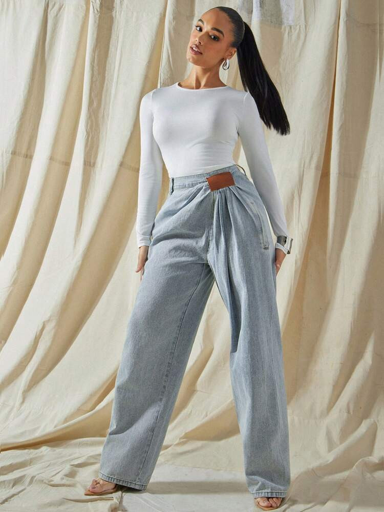 Vixey Women's Pleated Pocket Versatile Casual Commuting Wide Leg Jeans | SHEIN