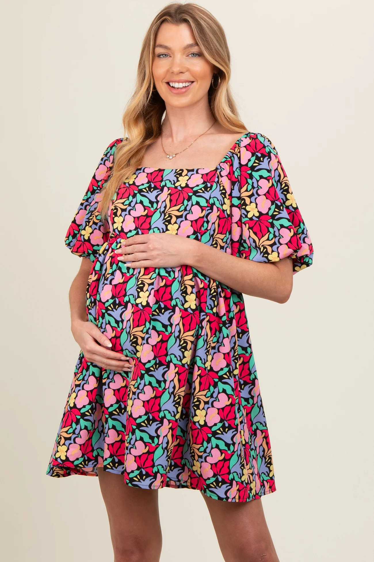 Black Floral Puff Sleeve Maternity Dress | PinkBlush Maternity