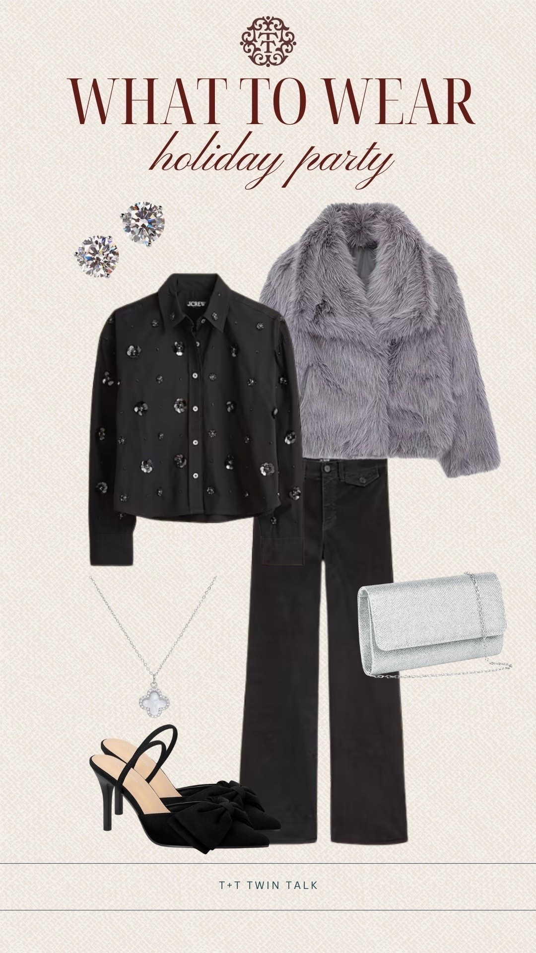 T+T, what to wear to a holiday event! We are loving this sequined embellished top from J.Crew! We paired it with our favorite black velvet pants and a faux fur coat. Accessorize with stud earrings, a sparkly clutch, and clover charm necklace to complete the look.

#LTKHoliday #LTKOver40 #LTKMidsize