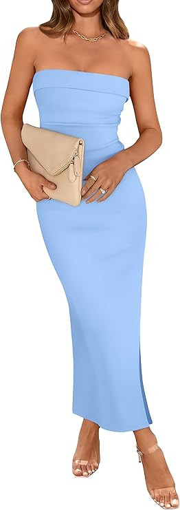 WIHOLL Womens Summer Dresses 2024 Fall Bodycon Maxi Tube Dress Strapless Side Slit Vacation Outfi... | Amazon (US)