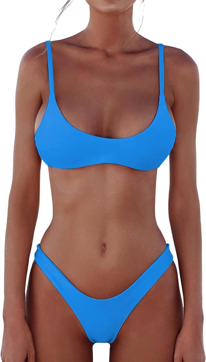 Womens 2 Piece Brazilian Thong Bikini Sets High Cut Swimsuits Padded Scoop Neck Push Up Top Bathi... | Amazon (US)