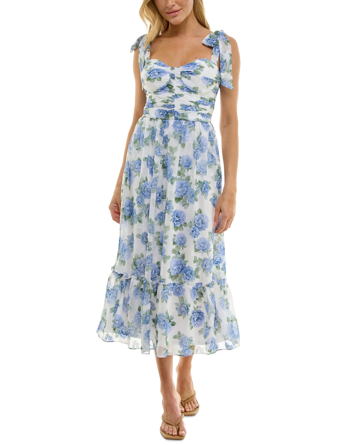 Bcx Juniors' Floral Print Jacquard Sleeveless Fit & Flare Dress - Blue/Ivory Multi | Macy's