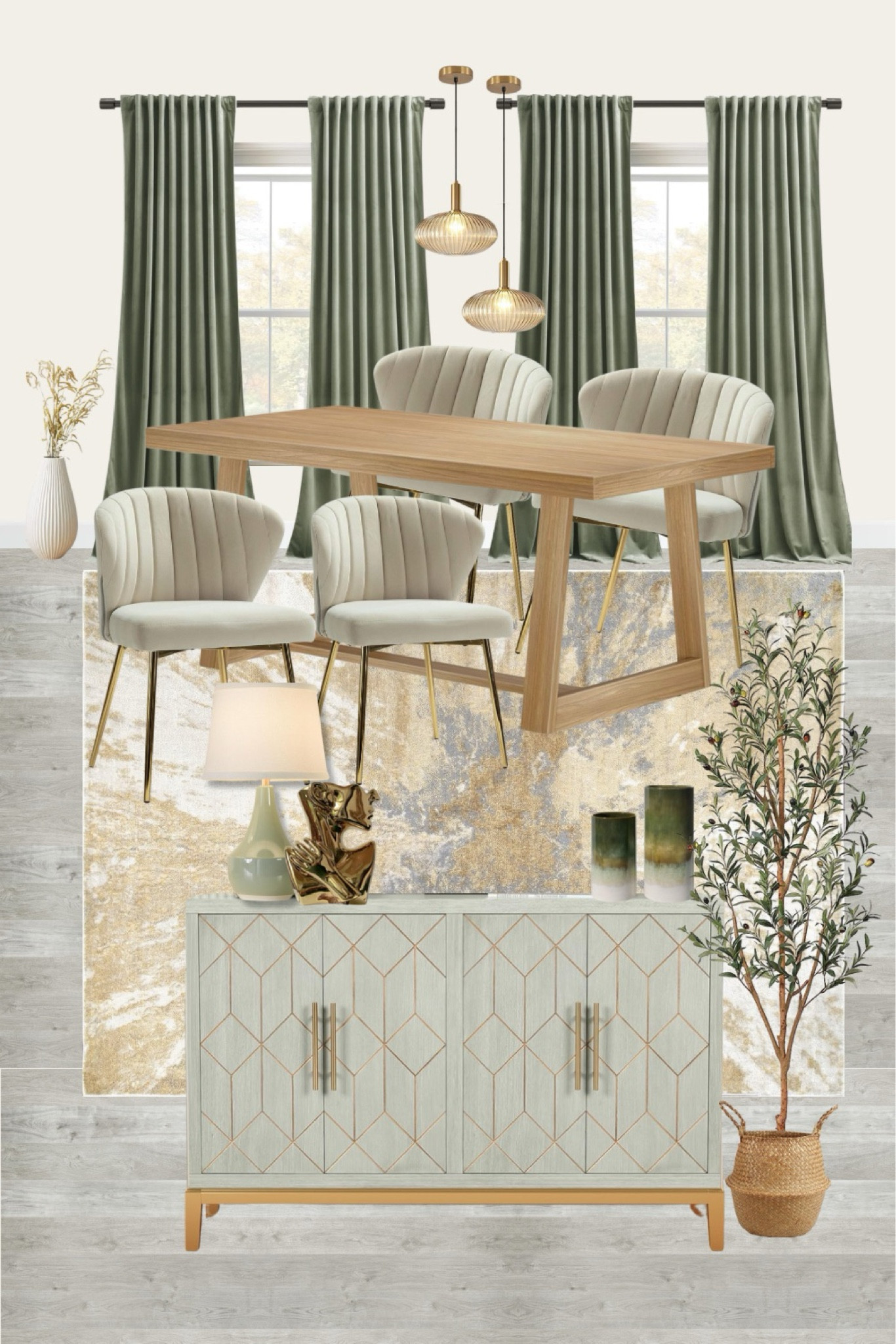 Green and gold dining room design with a wood dining table 🤍

#LTKhome
