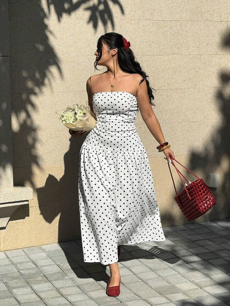 GalTyme Plus Size Women Polka Dot Print Fashionable Strapless Dress, Vacation | SHEIN