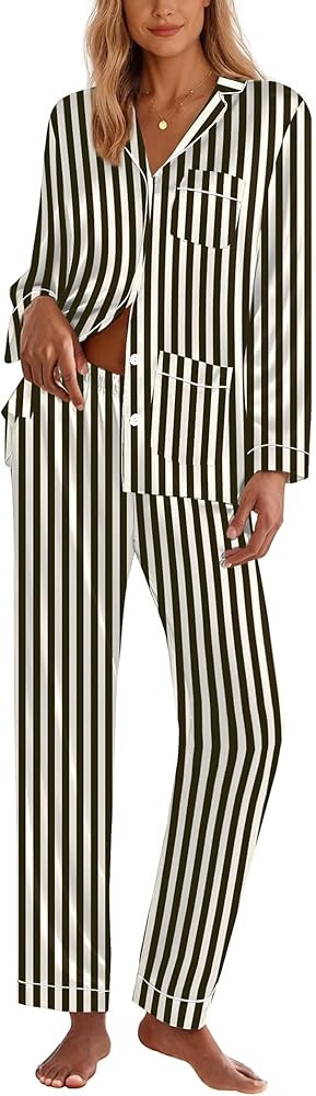 Ekouaer Silk Pajamas for Women Classic Button Down Satin Pajama Sets Long Sleeve Lounge Set | Amazon (US)