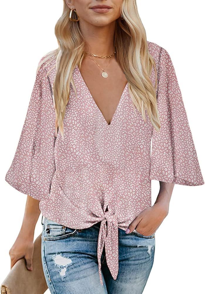 Women's Tie Knot Front Tops 3/4 Bell Sleeve V Neck Boho Shirts Summer Blouses | Amazon (US)