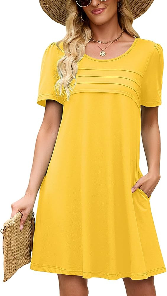 Heymoments Women's Short Sleeve Crewneck Sundress Summer Casual A-Line Beach Dress with Pockets S... | Amazon (US)