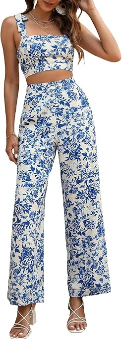 Floerns Women's 2 Piece Sets Summer Boho Floral Crop Tank Cami Tops and Wide Leg Pants Vacation O... | Amazon (US)