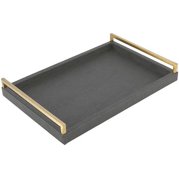 Decorative Tray Dark Grey Faux Shagreen Leather with Brushed Gold Stainless Steel Handle ,Serving... | Walmart (US)