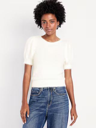 Cropped Puff-Sleeve Eyelash Sweater | Old Navy (US)