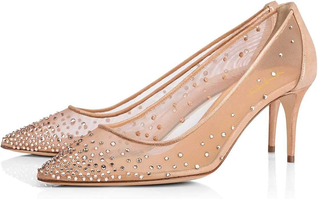 XYD Women Mid Low Heels Pumps Sheer Mesh Crystal Studs Closed Pointed Toe Sexy Bridal Party Mothe... | Amazon (US)