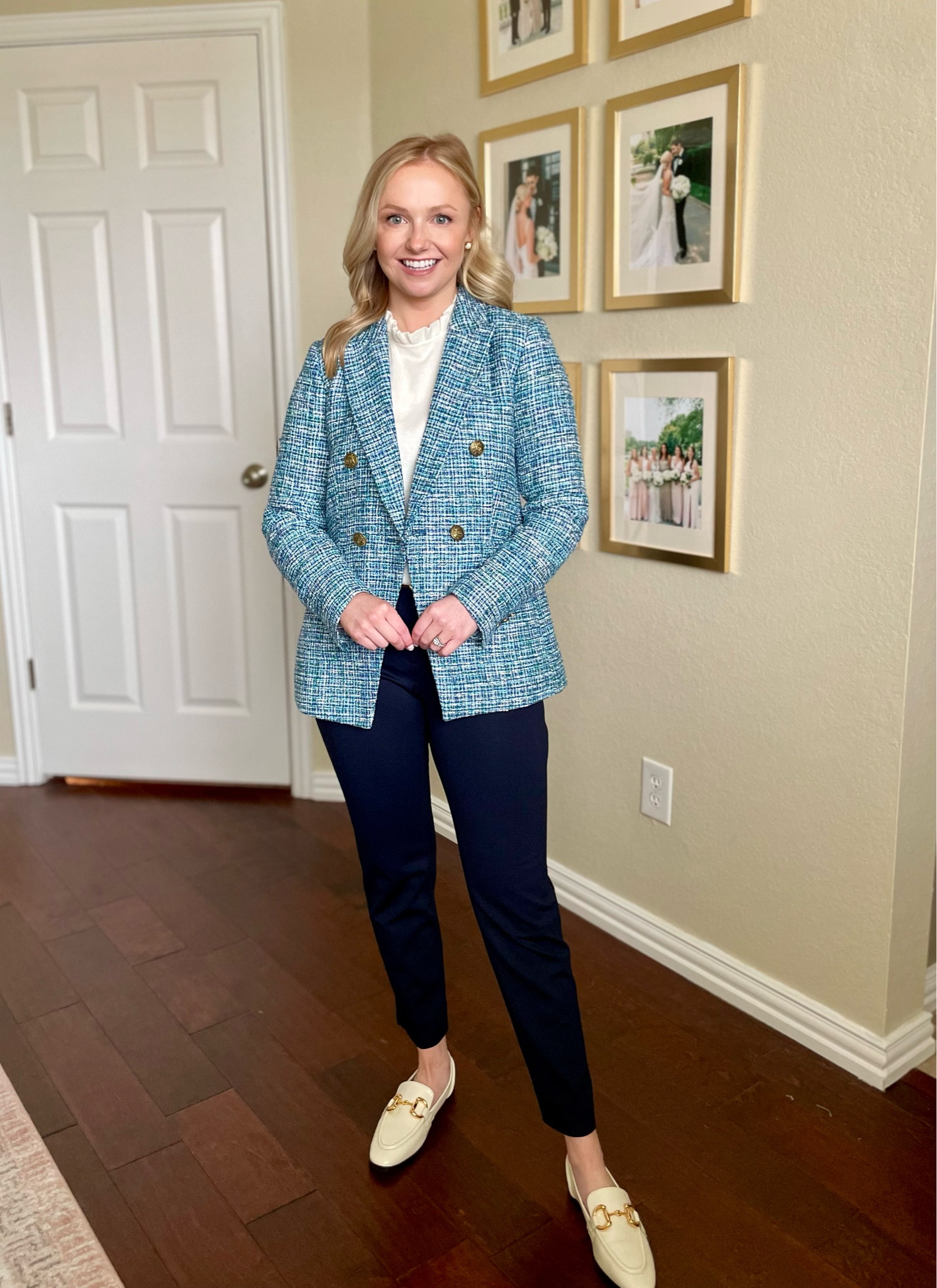 Wearing a 0P in blazer, 2P in pants and XS in sweater | spring workwear, teacher outfit, navy pants, tweed blazer 

#LTKFind #LTKSeasonal #LTKworkwear