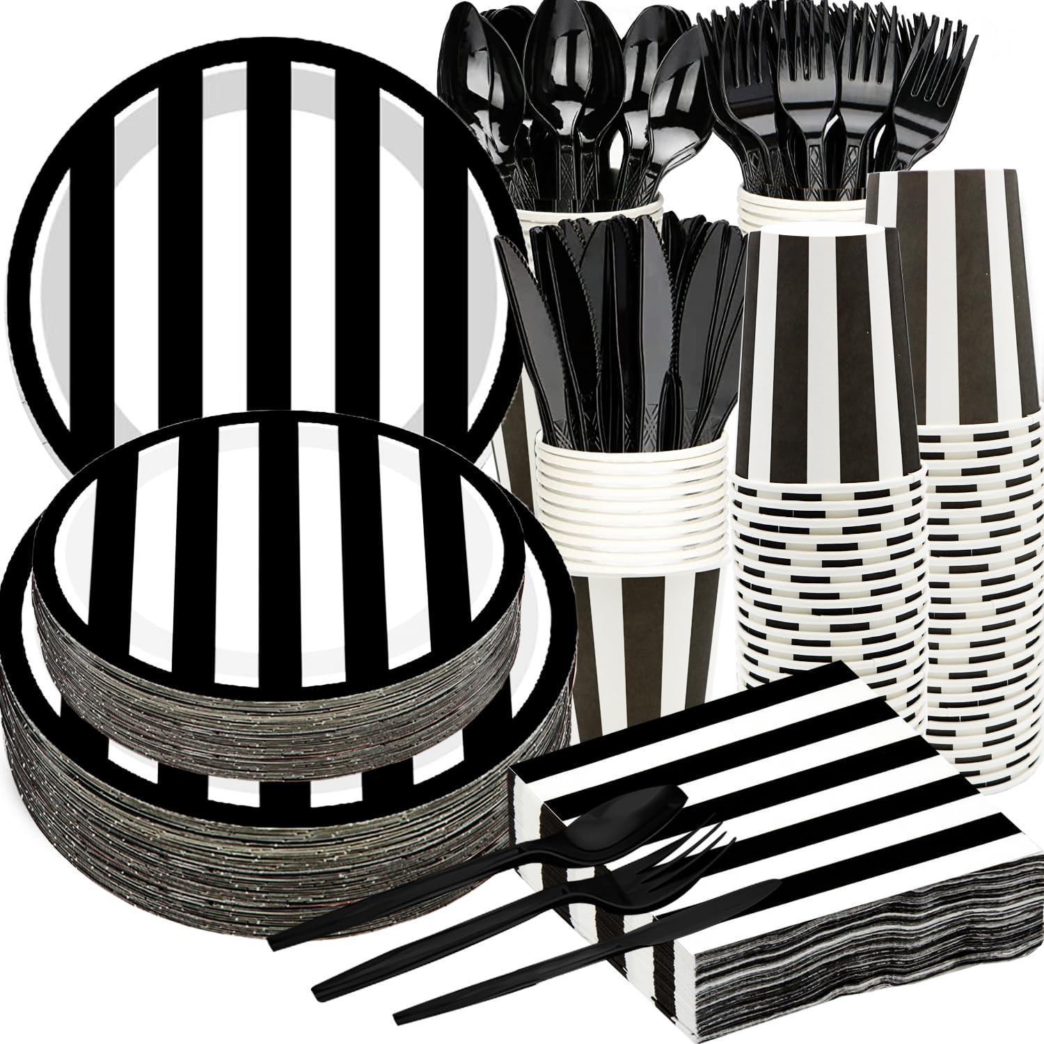 Serve25 175Pcs Black & White Striped Party Supplies - 9" & 7" Striped Paper Plates, Napkins, Cups... | Amazon (US)