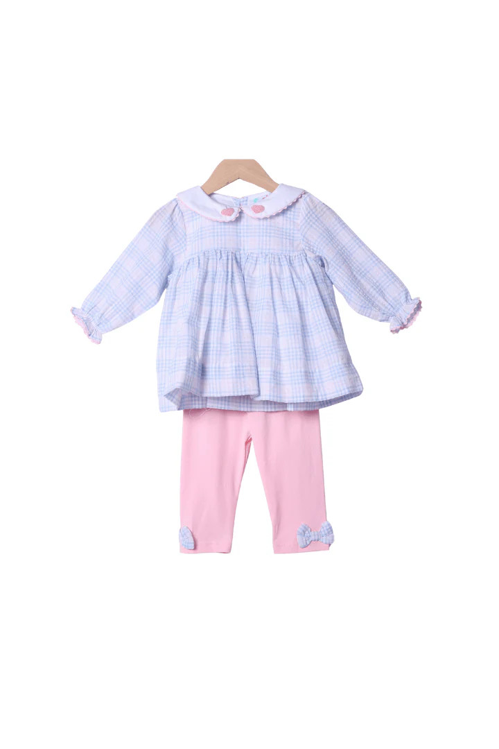 French Knot Heart Pink/Blue Seersucker Plaid Pant Set | The Smocked Flamingo