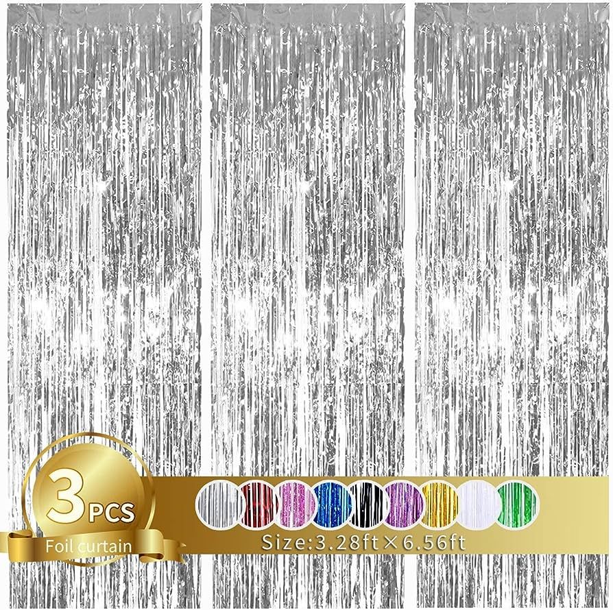 TONIFUL 3Pcs Silver Metallic Tinsel Foil Fringe Curtains,3.28ft x 6.56ft Silver Photo Booth Backd... | Amazon (US)