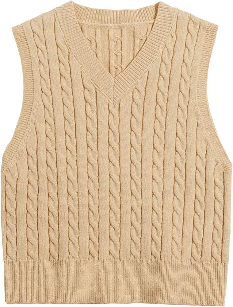 Locachy Women's Vintage Loose V Neck Sleeveless Cable Knit Preppy Style Pullover Sweater Vest | Amazon (US)