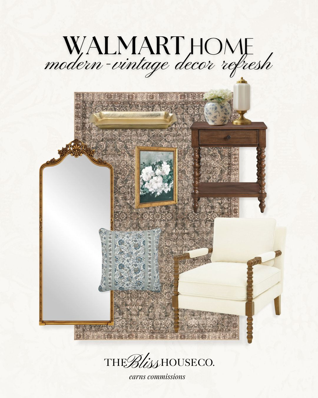 Modern-vintage Walmart home finds. Decor, furniture, mirror, vintage-inspired, My Texas House, rug, accent chair, accent table, brown, floral, affordable home finds. 

 #LTKHome #LTKFindsUnder50 #LTKFindsUnder100