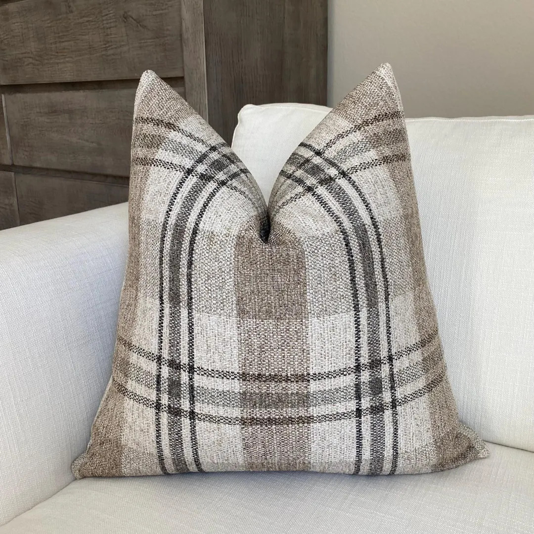Beige, Gold, Gray Plaid Check Throw Pillow Cover, USA Made, Cover Only - Etsy | Etsy (US)