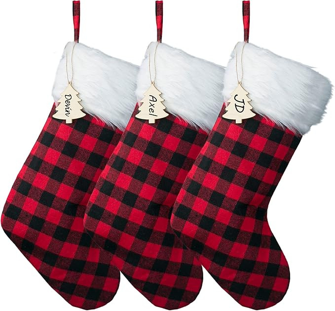 MOSTOP 3 Pack 18 Inch Christmas Stockings Classic Buffalo Red Black Plaid with Plush Snowy Faux F... | Amazon (US)