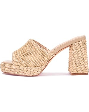 Monrovia Raffia Heeled Sandals for Women，Platform Wedge Slip On Block Heel, Dressy Summer Open ... | Amazon (US)