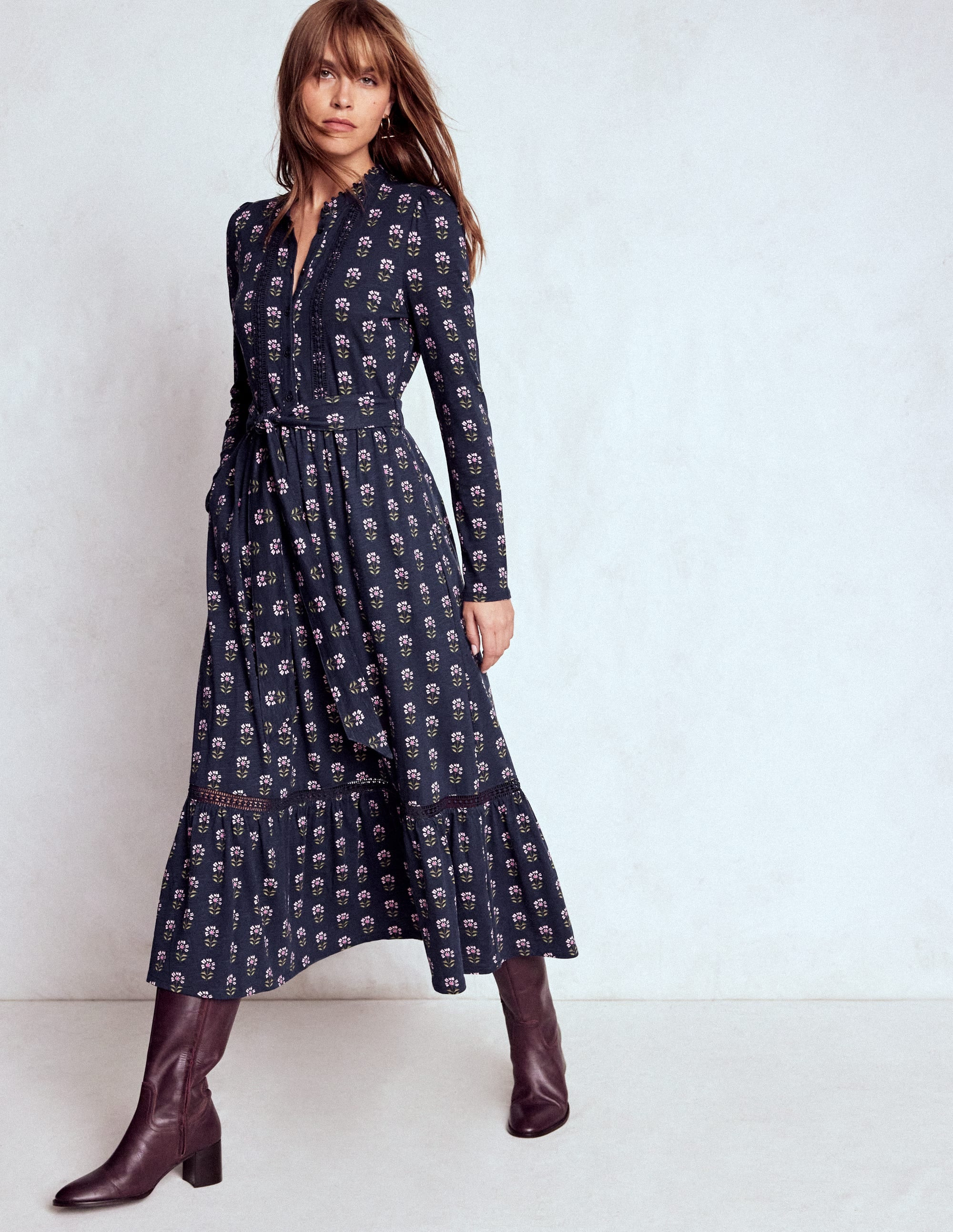 Edwina Jersey Shirt Dress-French Navy, Woodblock Flower | Boden UK