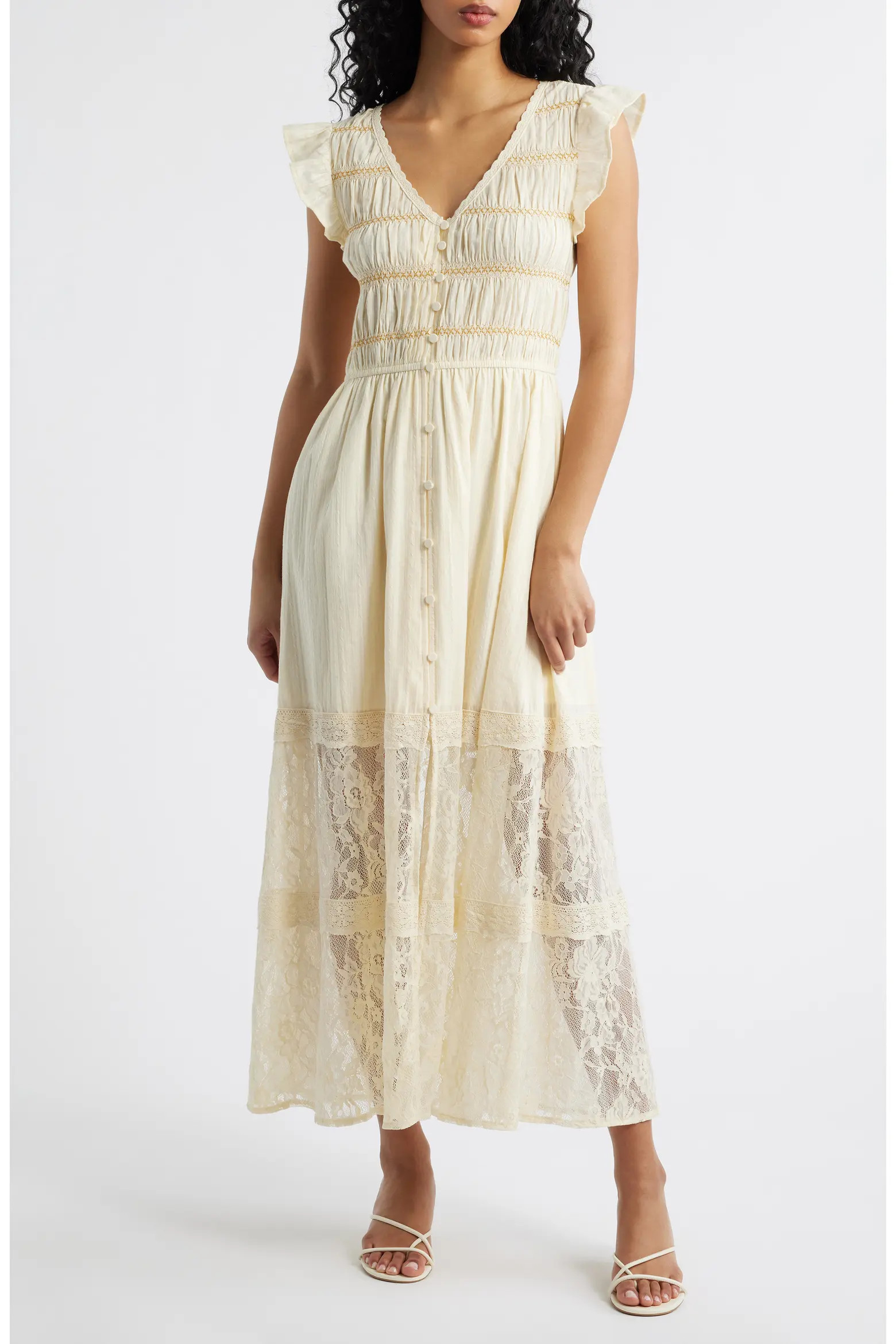 Lace Embroidered Ruffle Sleeve Midi Dress (Women) | Nordstrom | Nordstrom