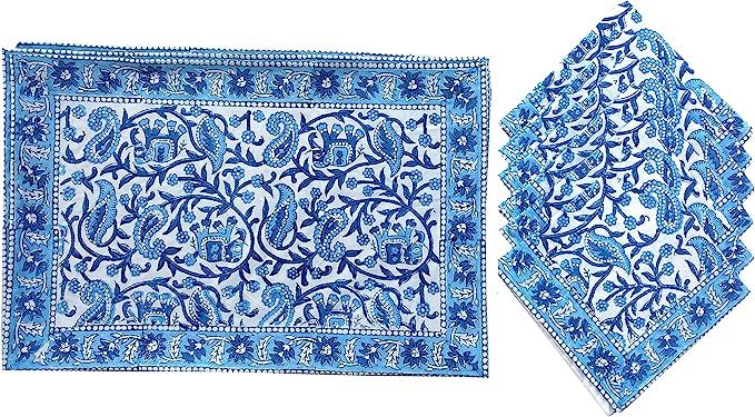 Rastogi Handicrafts Hand Block 100% Cotton Indian Style Theme Dining Table Mats and Napkins Set o... | Amazon (US)