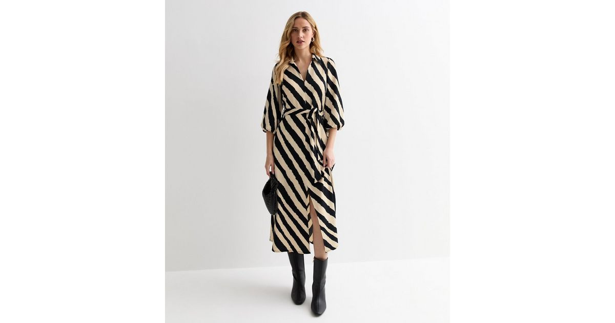 Black Stripe Crinkle Belted Midi Shirt Dress | New Look | New Look (UK)