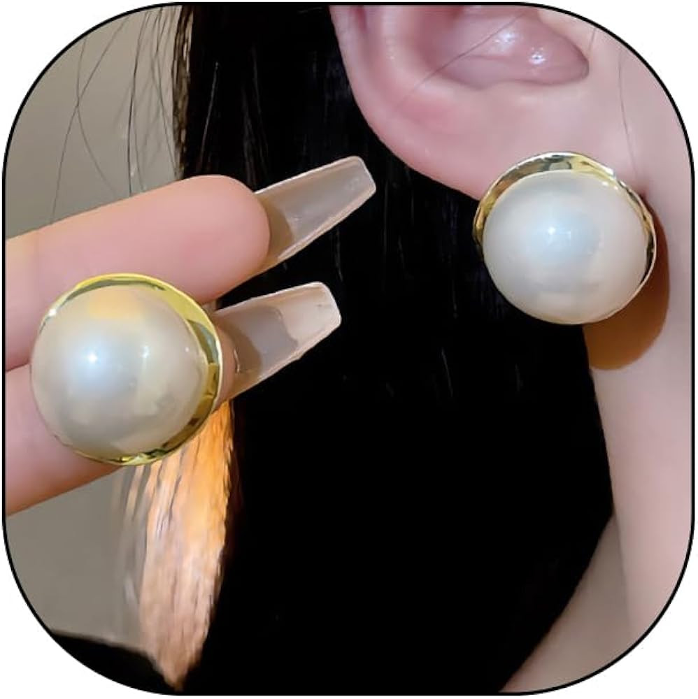 Charm Pearl Stud Earrings for Women,Dainty 14K Gold Geometric Big Pearl Drop Dangle Earrings Tren... | Amazon (US)