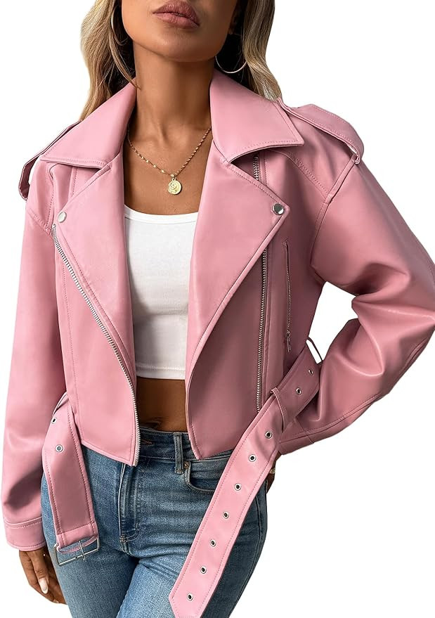 LY VAREY LIN Women Faux Leather Cropped Jacket Vegan Motor Biker Coat with Belt | Amazon (US)