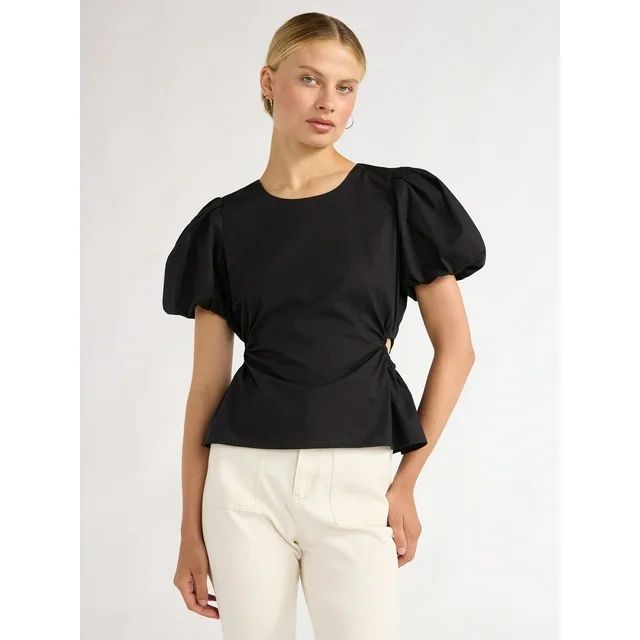 Scoop Women's Poplin Puff Sleeve Top with Cutouts, Sizes XS-XXL | Walmart (US)