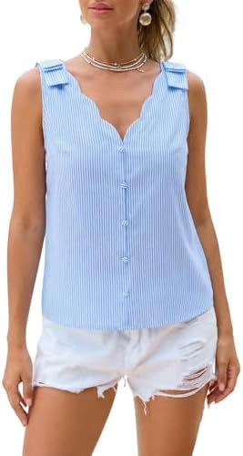 Women's Scalloped Tops V Neck Sleeveless Top Striped Tank Top Summer Casual | Amazon (US)
