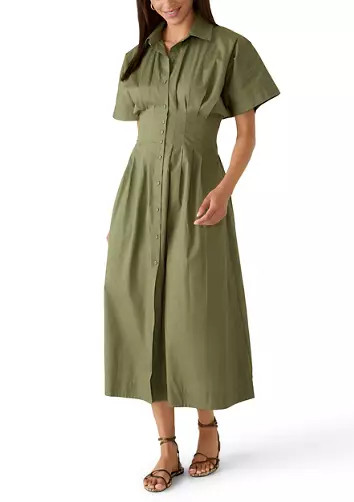Women's Short Sleeve Button Down Pleat Waist Dress | Belk