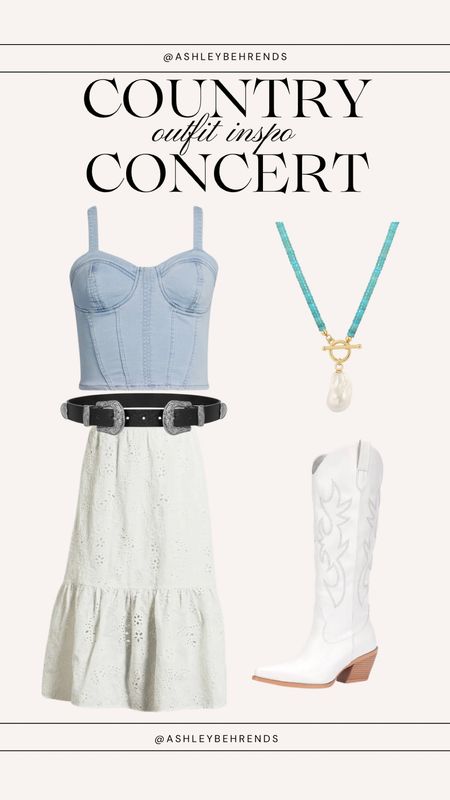 Country concert outfit inspo 🤠
Denim top, white skirt, western belt, turquoise, white cowgirl boots 
Coastal cowgirl 🐚 

#LTKStyleTip #LTKFindsUnder50 #LTKMidsize